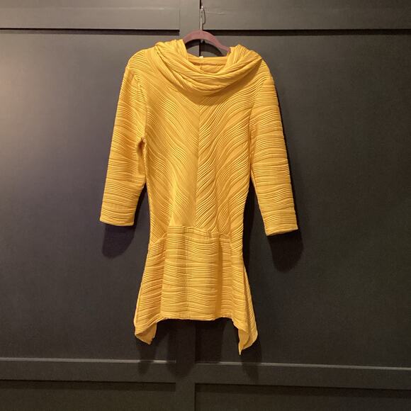 Vintage Lisa Rene cowl neck 3/4 sleeve yellow swirl pattern tunic mini dress L - Picture 2 of 10